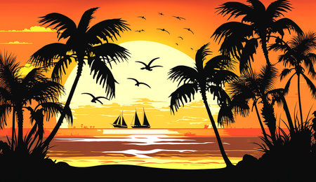 Summer background with sea or ocean beach, palm tree leaves and free space for text, generative aiの素材
