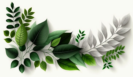 Fresh green leaves on white background with copy space.Generative AI.の素材