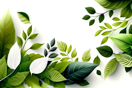 Fresh green leaves on white background with copy space.Generative AI.の素材