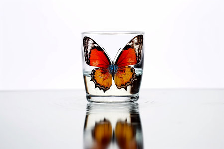 Colorful butterfly and glass of water, environment and natural resources concept, generative aiの素材