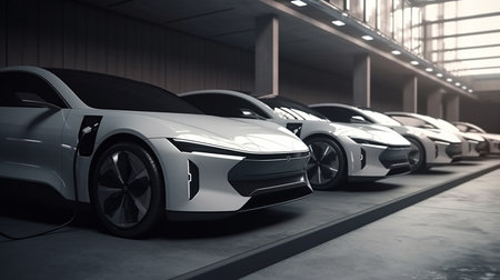 A line of electric cars charging at a public charging station in city. AI generativeの素材