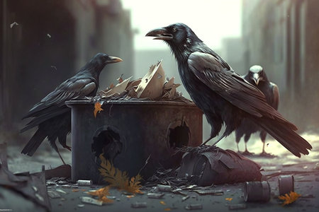 Black crows on a trash can in the city ,generative aiの素材