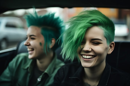 Two young women with green hair laughing while driving car on road trip on summer day, generative aiの素材