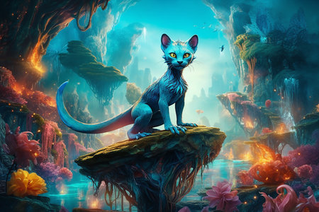 Illustration of blue cat with yellow eyes looks like a character from movie Avatar, generative aiの素材