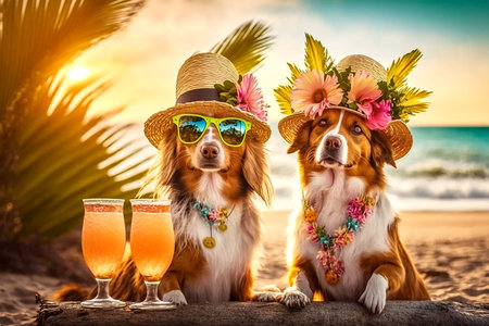 Two romantic dogs wearing flower hats relax with a cold glasses of beer on a tropical beach, generative aiの素材