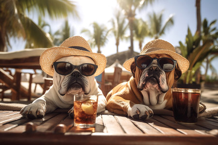 Two funny dogs wearing sun hats relax with a cold glass of beer on a tropical beach, generative aiの素材