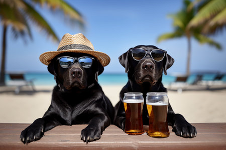 Two black labradors dogs wearing sun hat relax with a cold beer glasses on a tropical beach, generative aiの素材