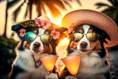 Two romantic dogs wearing flower hats relax with a cold cocktails on a tropical beach, generative aiの素材