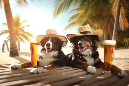 Funny Bernese mountain dogs with glasses of cold beer on tropical beach, generative aiの素材