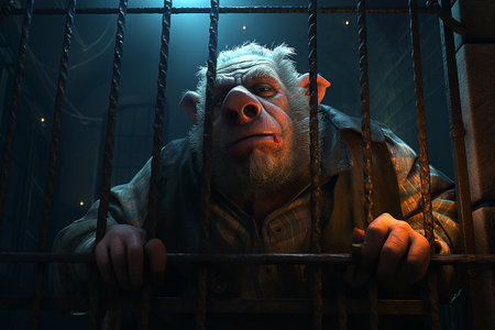 Evil pig-looking criminal behind bars in a prison cell, generative aiの素材