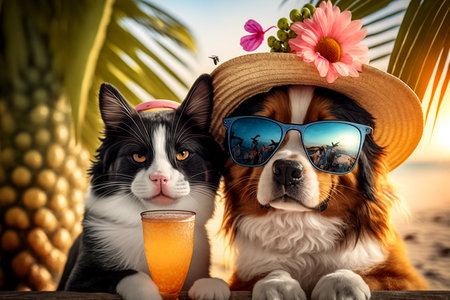 Stylish couple- cat and dog relaxing on tropical beach at sunset, generative aiの素材