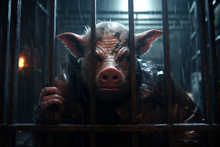 Scary pig-looking criminal behind bars in a prison cell, generative aiの素材