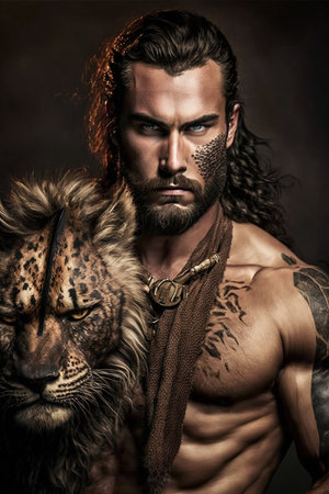 Portrait of a Viking warrior with leopard, generative aiの素材