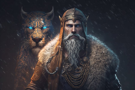 Portrait of a Viking with a leopard behind him, blue neon eyes, generative aiの素材