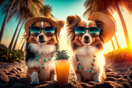 Two romantic dogs wearing sun hats relax with a cold cocktail on a tropical beach, generative aiの素材