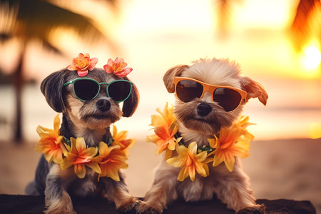 Two stylish chihuahua dogs wearing flower wreaths and sunglasses on  tropical beach at sunset, generative aiの素材
