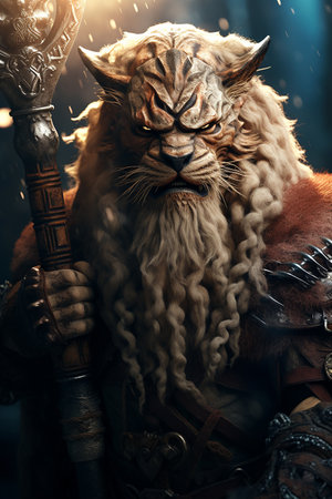 A lion-looking viking in armor with a battleax standing on the battlefield, generative aiの素材