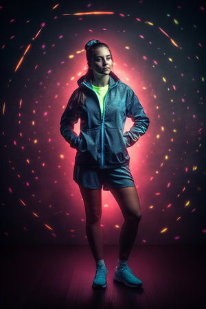 Athletic young model in stylish modern sportswear on illuminated background, generative aiの素材