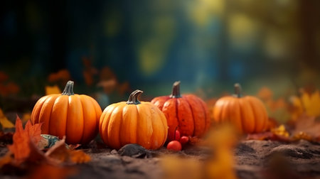 Pumpkins on defocused nature background. Thanksgiving banner for text. Generative AI.の素材