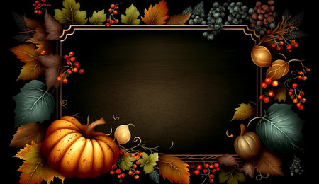 Dark  frame with autumn harvest or Thanksgiving day pumpkins, fall leaves and fruits, generative aiの素材