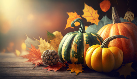 Pumpkins on defocused background. Thanksgiving banner for text. Generative AI.の素材
