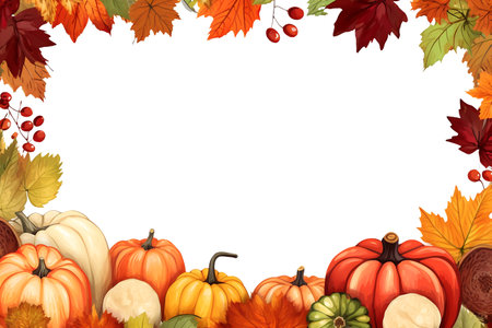 Autumn harvest frame with Thanksgiving motifs: pumpkins, fall leaves and fruits, generative aiの素材