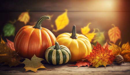 Pumpkins on defocused background. Thanksgiving banner for text. Generative AI.の素材