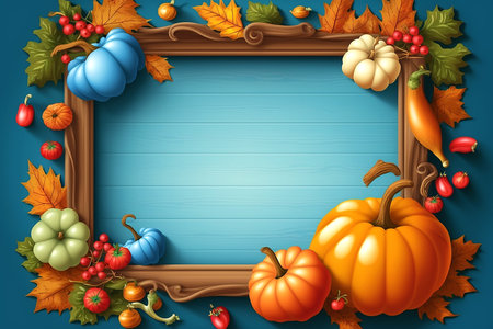 Autumn harvest frame with Thanksgiving motifs: pumpkins, fall leaves and fruits, generative aiの素材