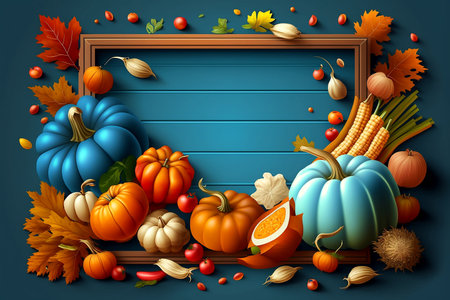 Autumn harvest frame with Thanksgiving motifs: pumpkins, fall leaves and fruits, generative aiの素材