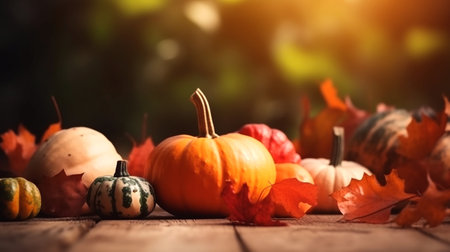 Pumpkins on defocused nature background. Thanksgiving banner for text. Generative AI.の素材