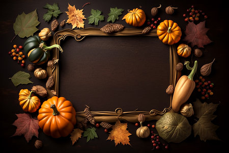 Dark  frame with autumn harvest or Thanksgiving day pumpkins, fall leaves and fruits, generative aiの素材