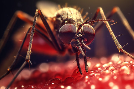 Close-up of a mosquito biting human skin, generative aiの素材