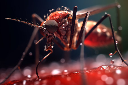 Close-up of a mosquito biting human skin, generative aiの素材