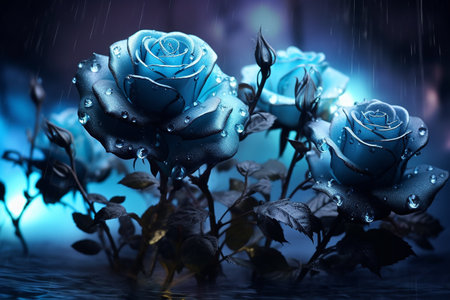 Beautiful wallpaper with blue roses in the mystical moonlight, generative aiの素材