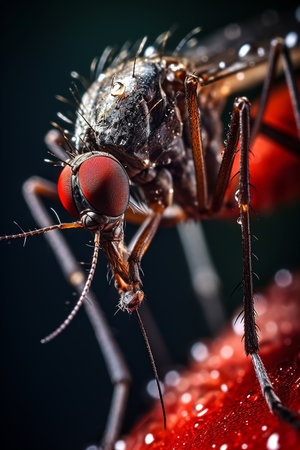 Macro photography of a mosquito biting a person, generative aiの素材