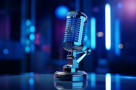 AI generated illustration of a professional microphone on a neon backgroundの素材