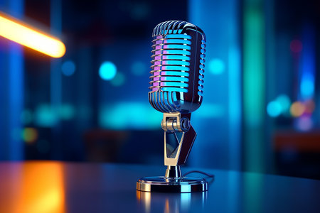 AI generated illustration of a professional microphone on a neon backgroundの素材