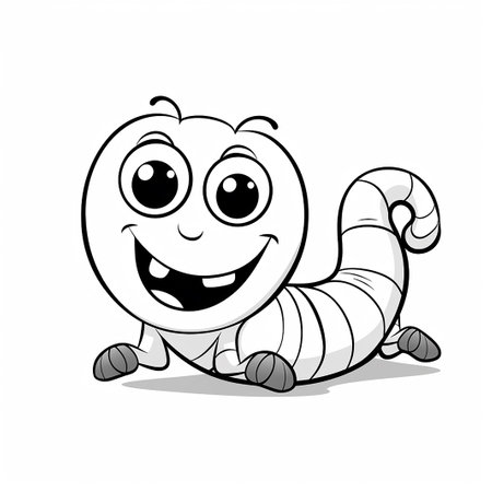 Illustration of a smiling worm in black and white coloring, generative aiの素材