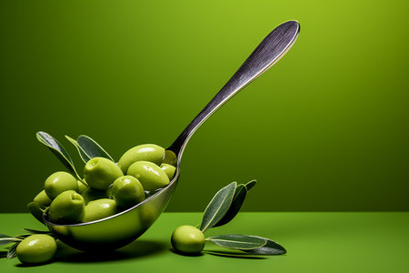 Green olives and olive oil in a spoon on a green background, beautiful food compositionの素材