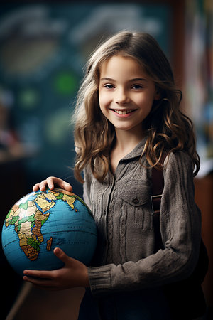International student day and education concept -  smiling  girl with earth globe at schoolの素材