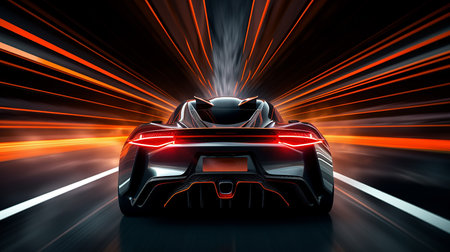 Rear view on modern  sports car in fast motion with blurred traffic lights at nightの素材