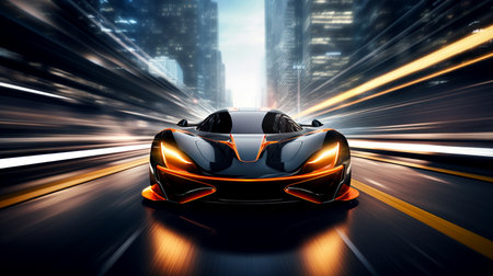 Modern futuristic black sports car in fast motion with blurred traffic lights at nightの素材