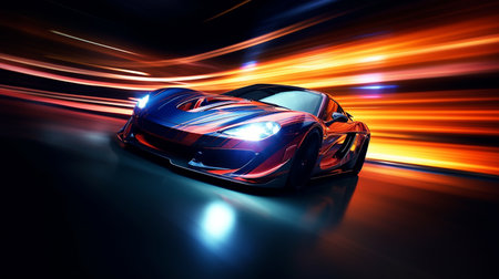 Modern futuristic  sports car in fast motion with blurred traffic lights at nightの素材