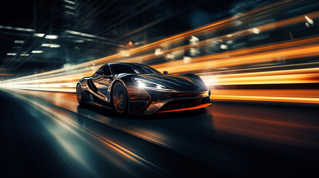 Modern futuristic black sports car in fast motion with blurred traffic lights at nightの素材