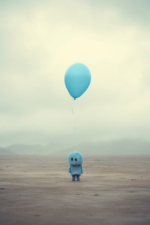 Sad tiny human with blue balloon stand on empty field, concept of blue mondayの素材