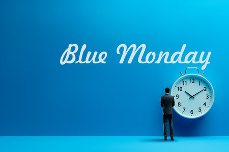 Blue Monday words on blue colored background with clock and manの素材