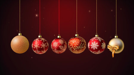Collection of luxury  red and gold Christmas baubles with snowflake patterns on red backgroundの素材