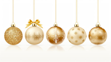 Collection of luxury  gold Christmas baubles with snowflake patterns hanging on white backgroundの素材