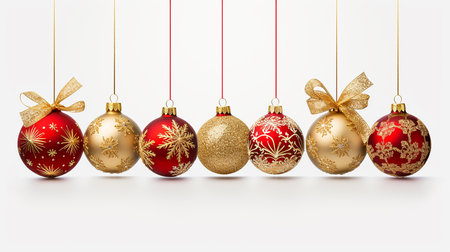 Collection of luxury  red and gold Christmas baubles with snowflake patterns on white backgroundの素材