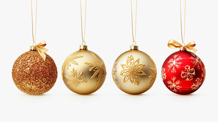 Collection of luxury  red and gold Christmas baubles with snowflake patterns on white backgroundの素材